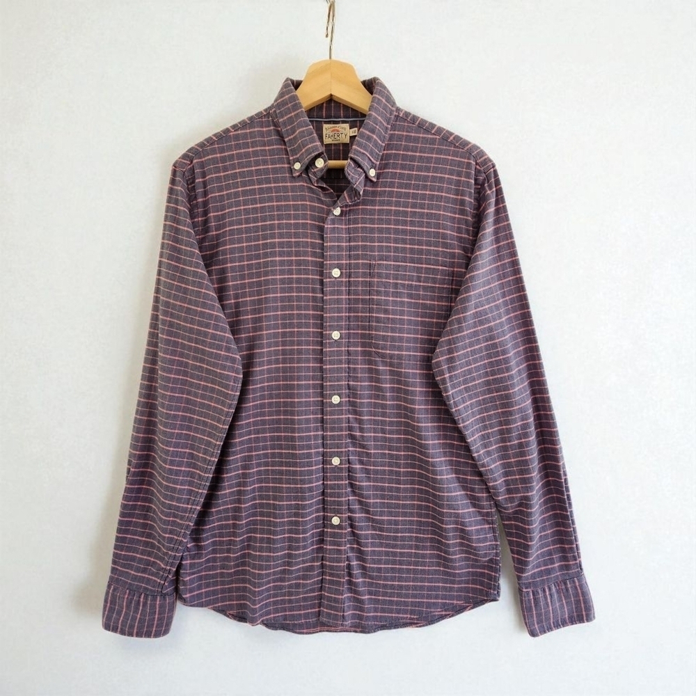 Faherty Men's Small Grey Blue & Pink Plaid Flannel Button-Down Shirt, Small